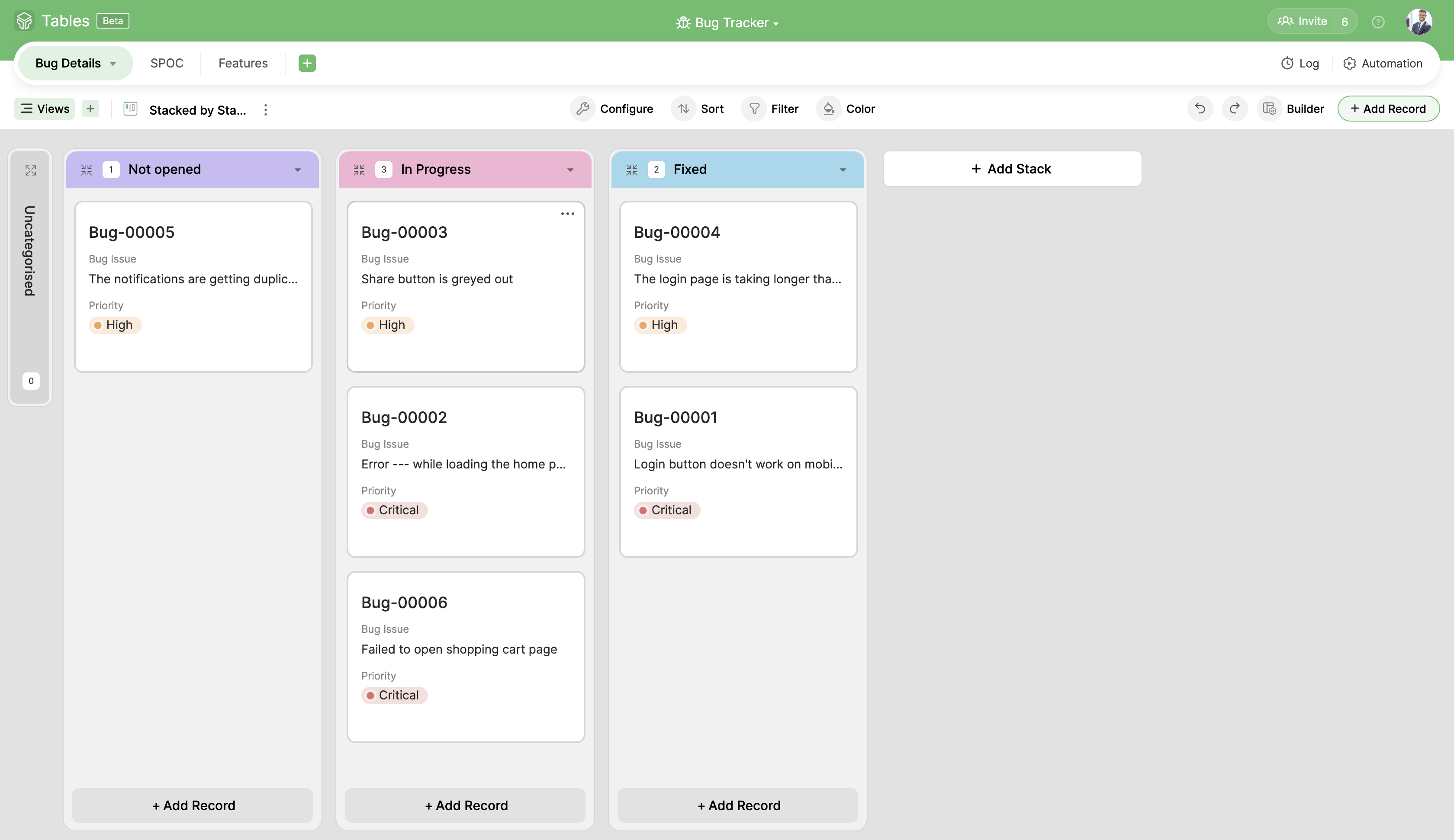 Zoho Tables Data View