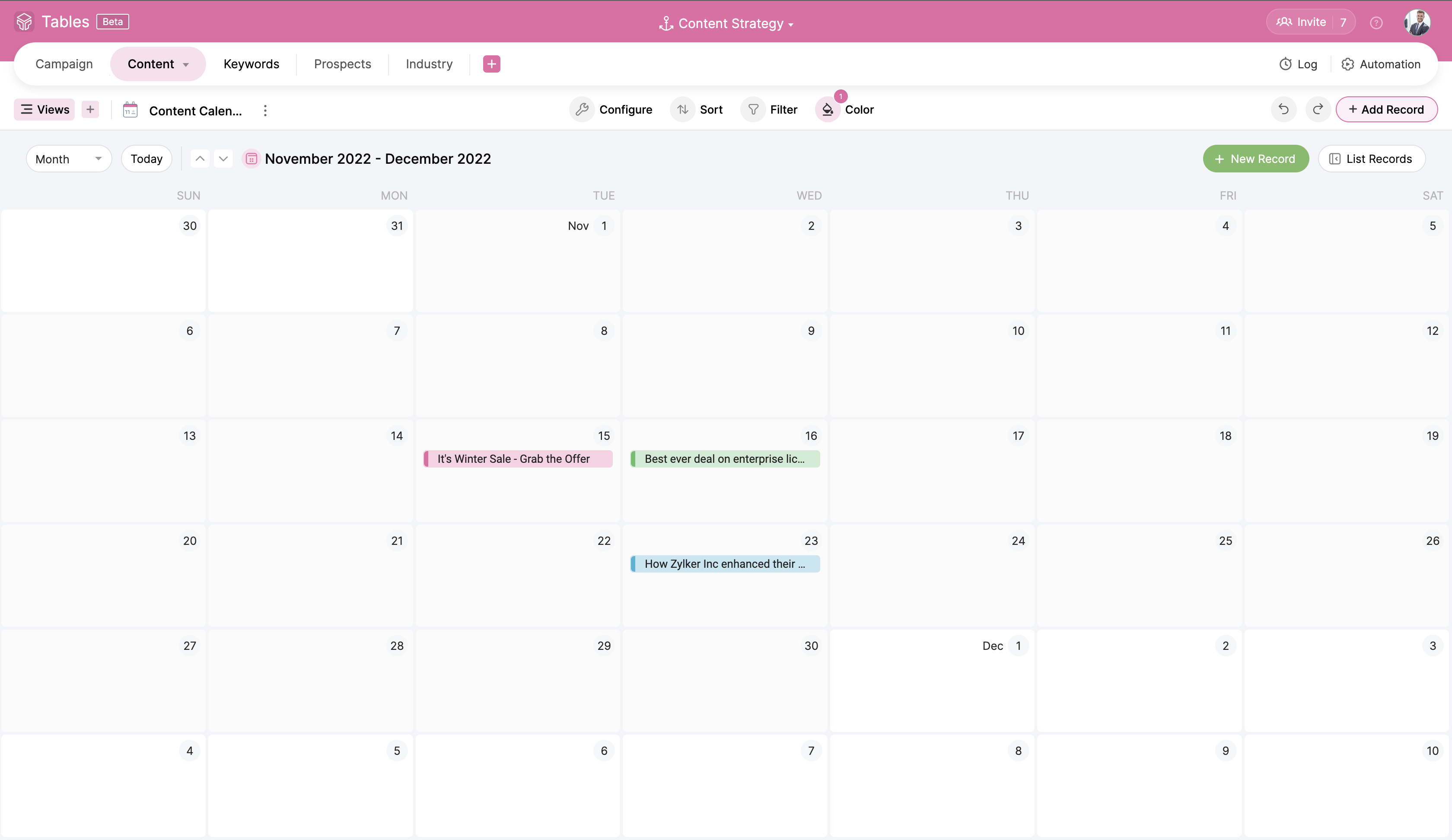 Zoho Tables Data View