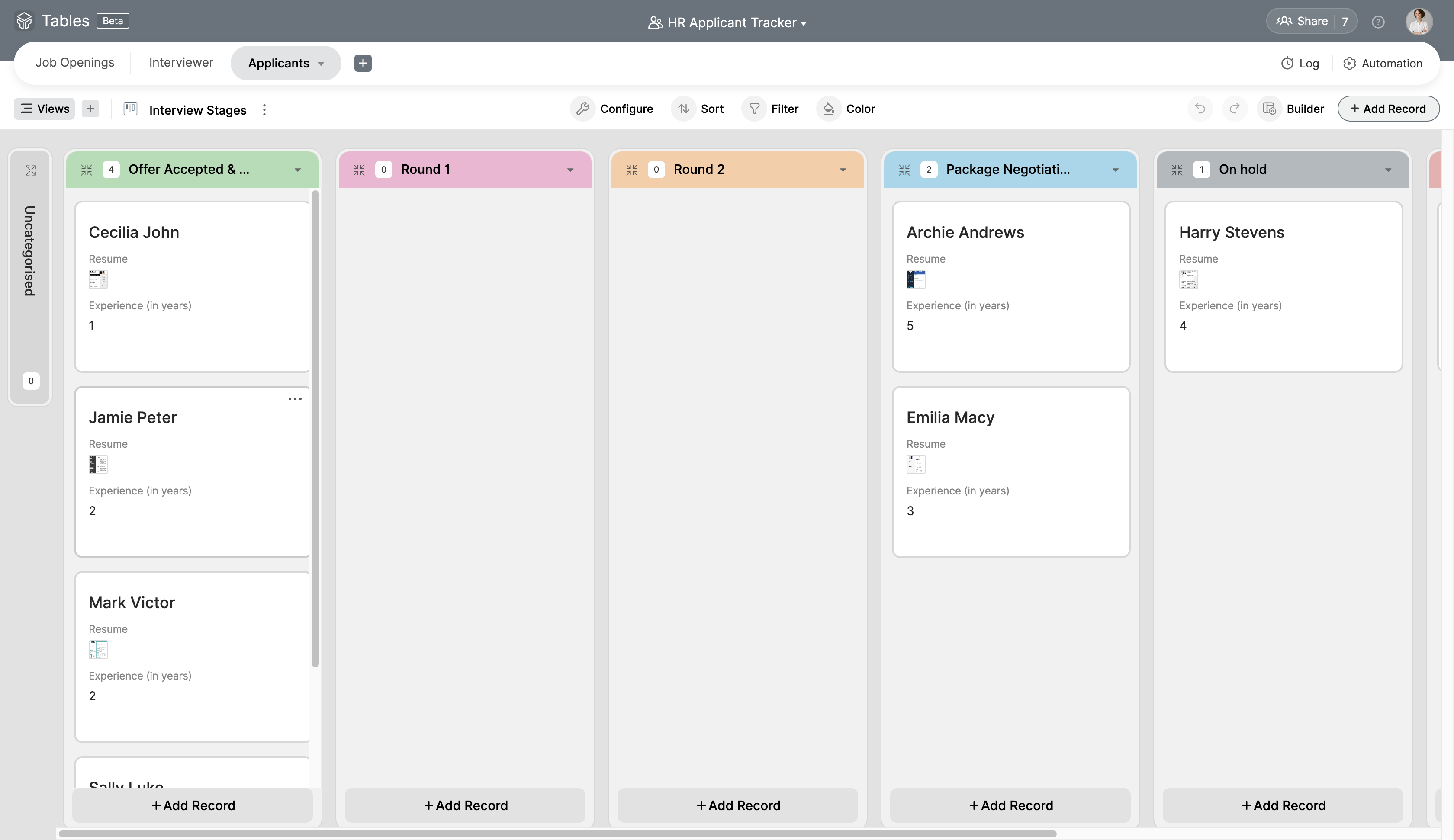 Zoho Tables Data View