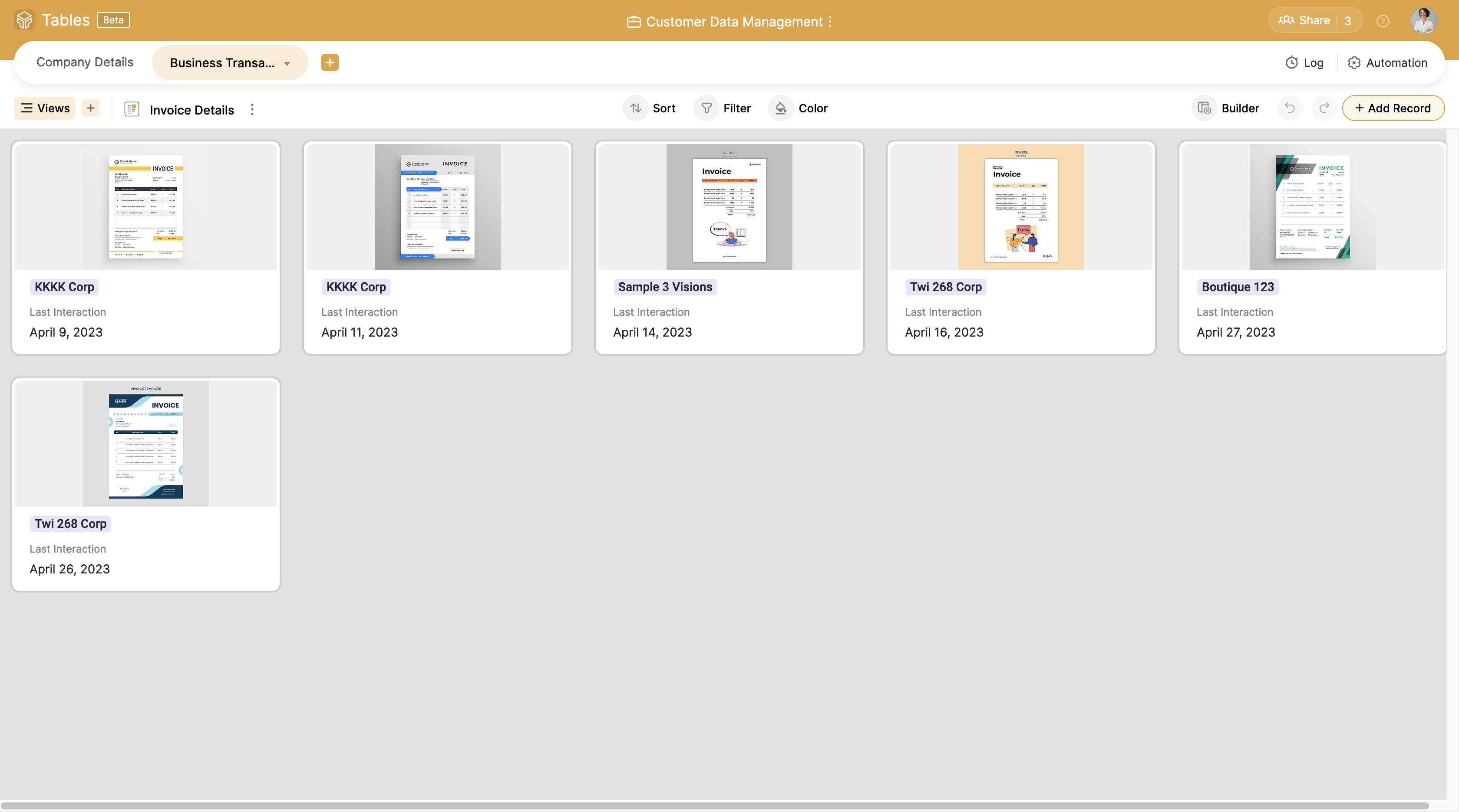 Zoho Tables Data View