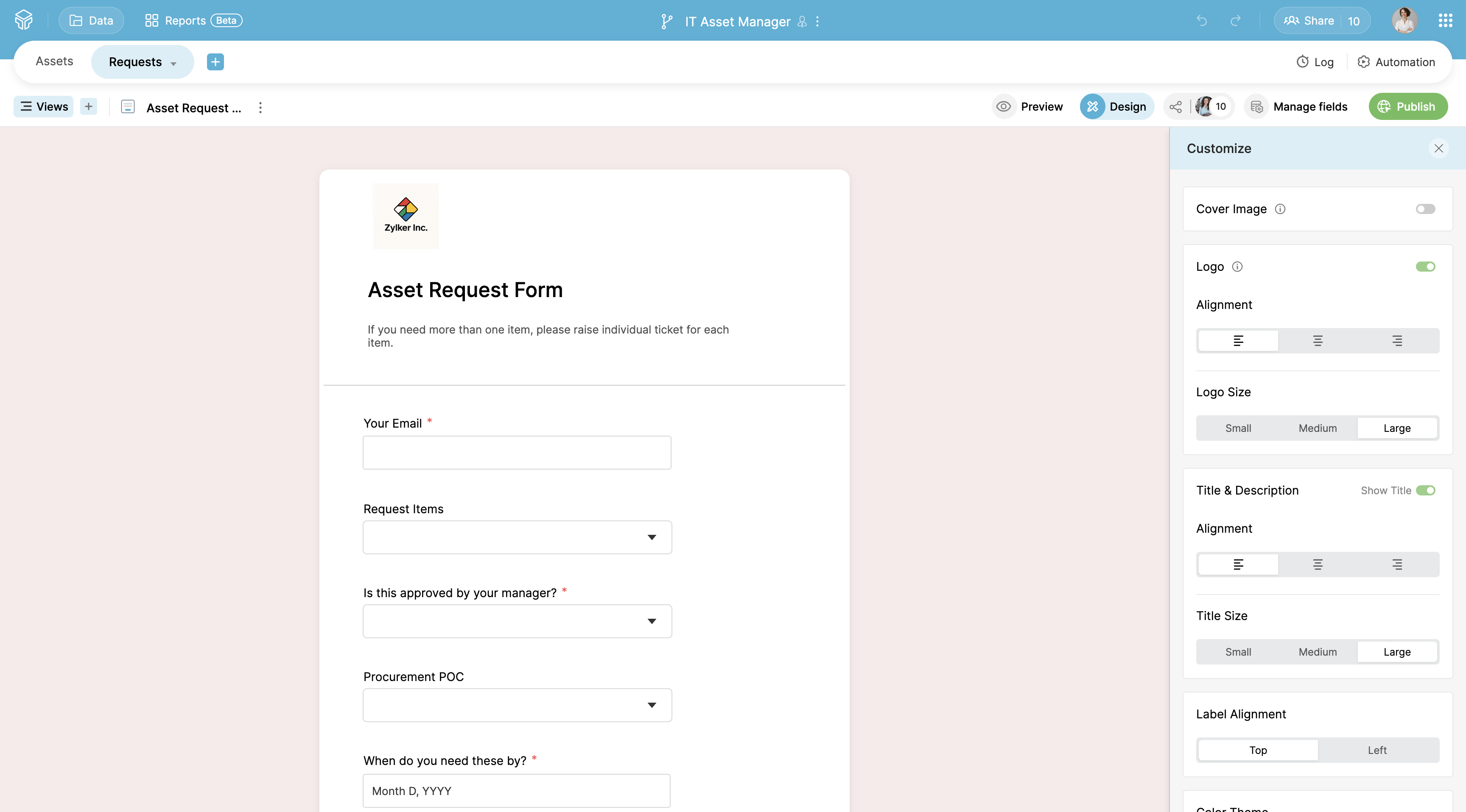 Zoho Tables Form View