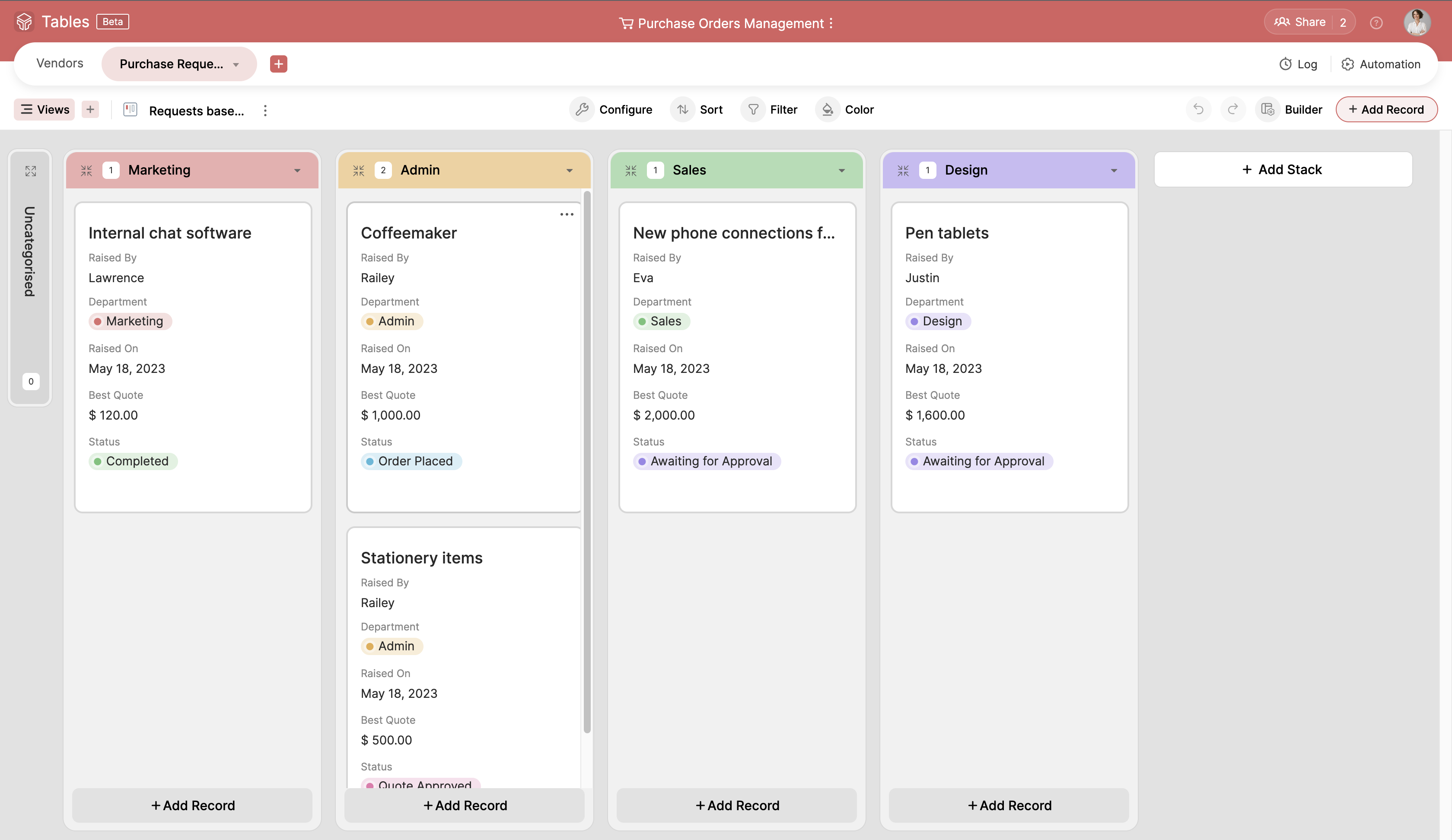 Zoho Tables Data View