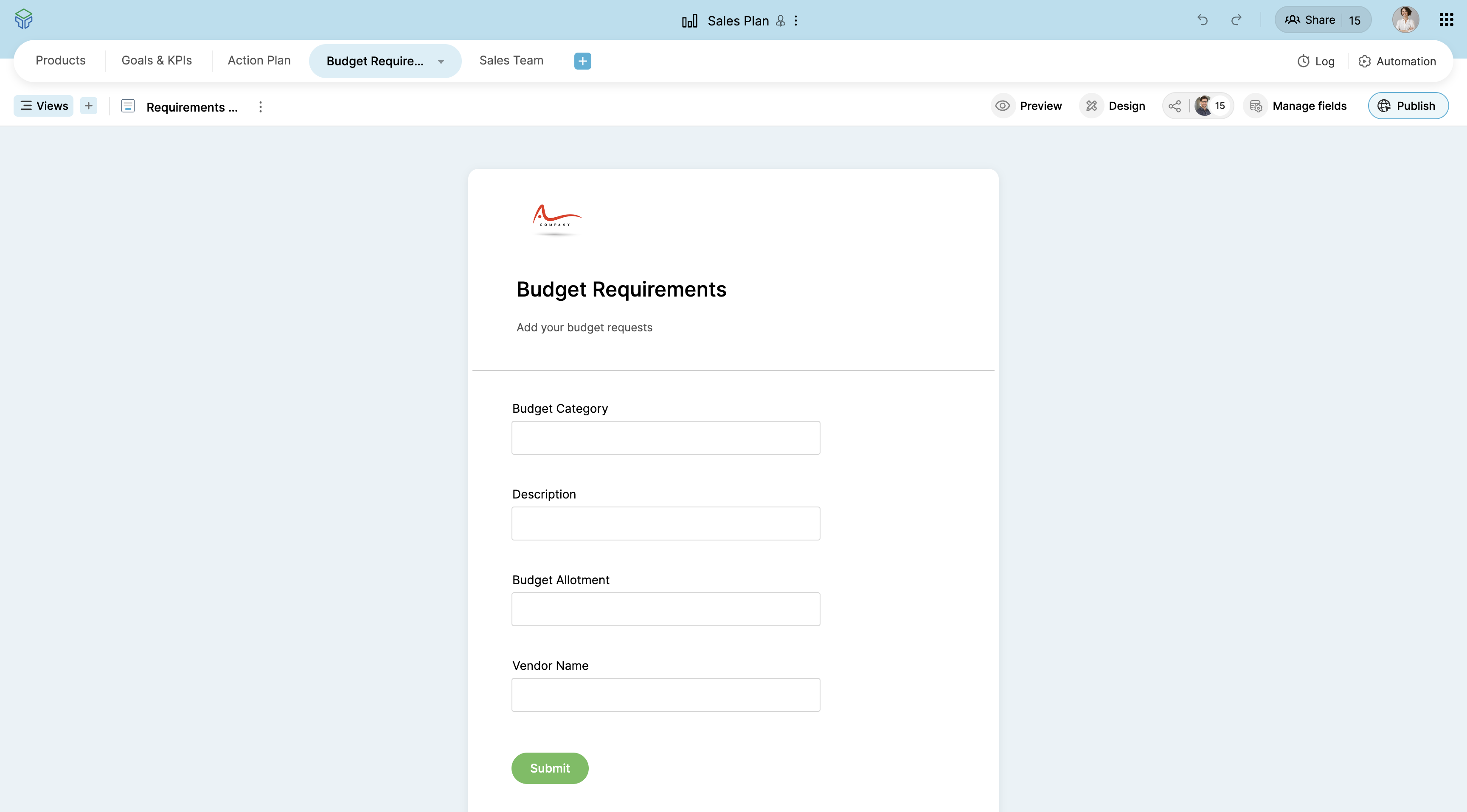 Zoho Tables Data View