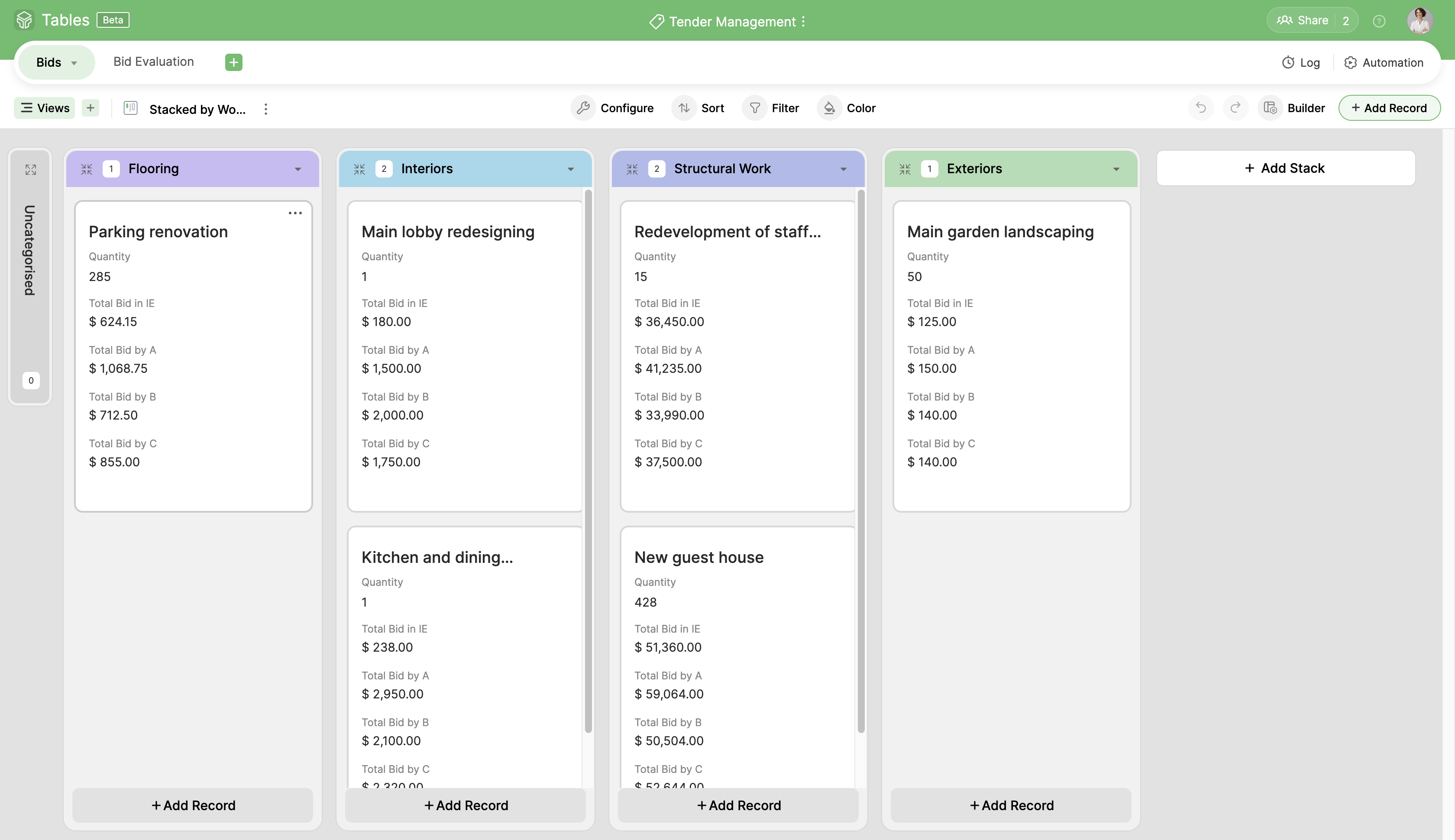 Zoho Tables Data View