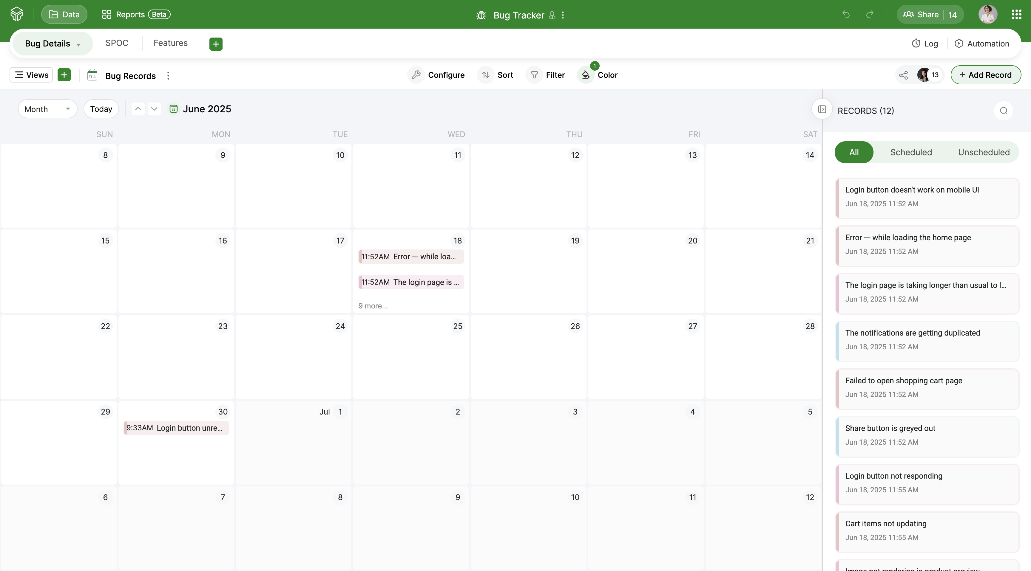Zoho Tables Data View