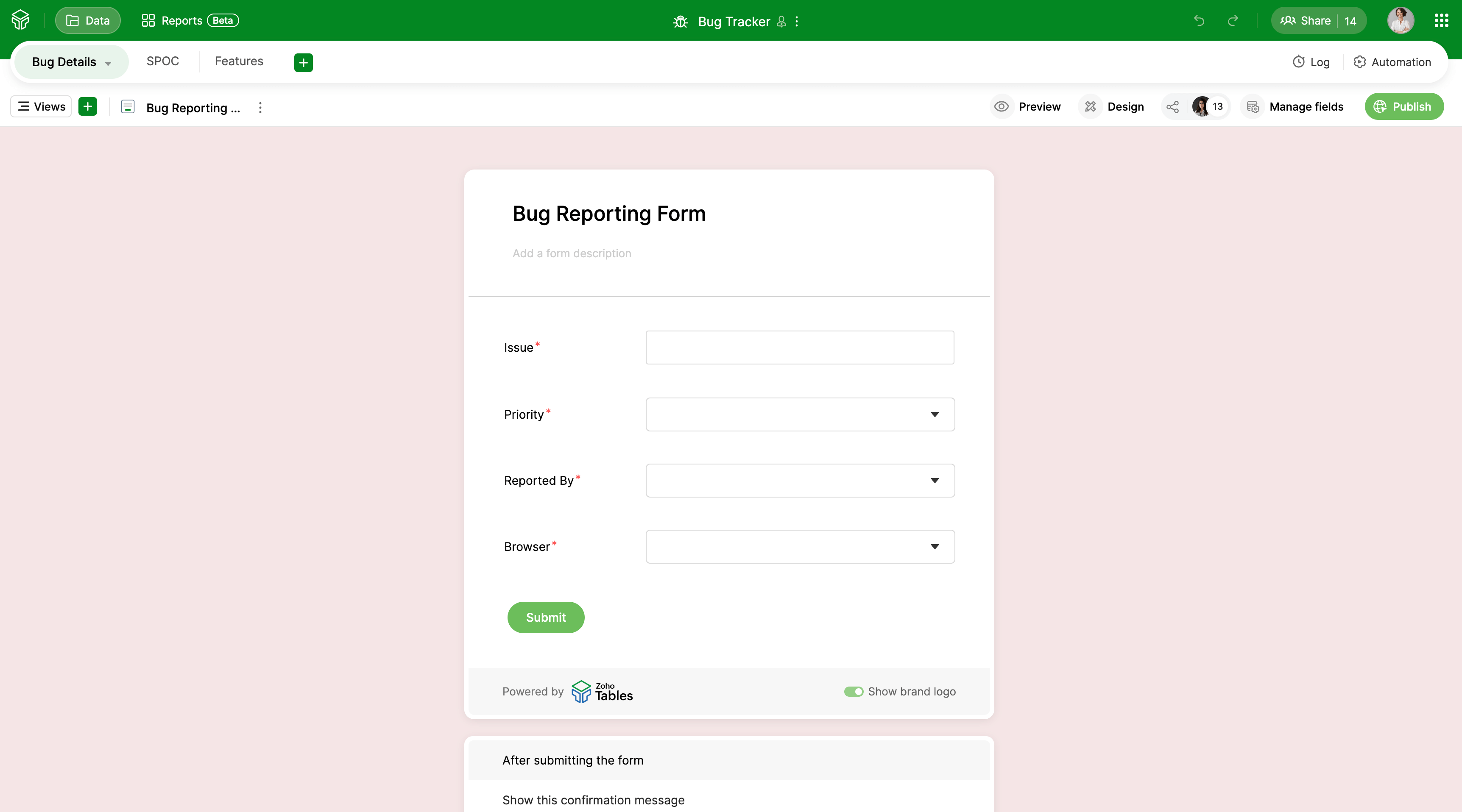 Zoho Tables Data View