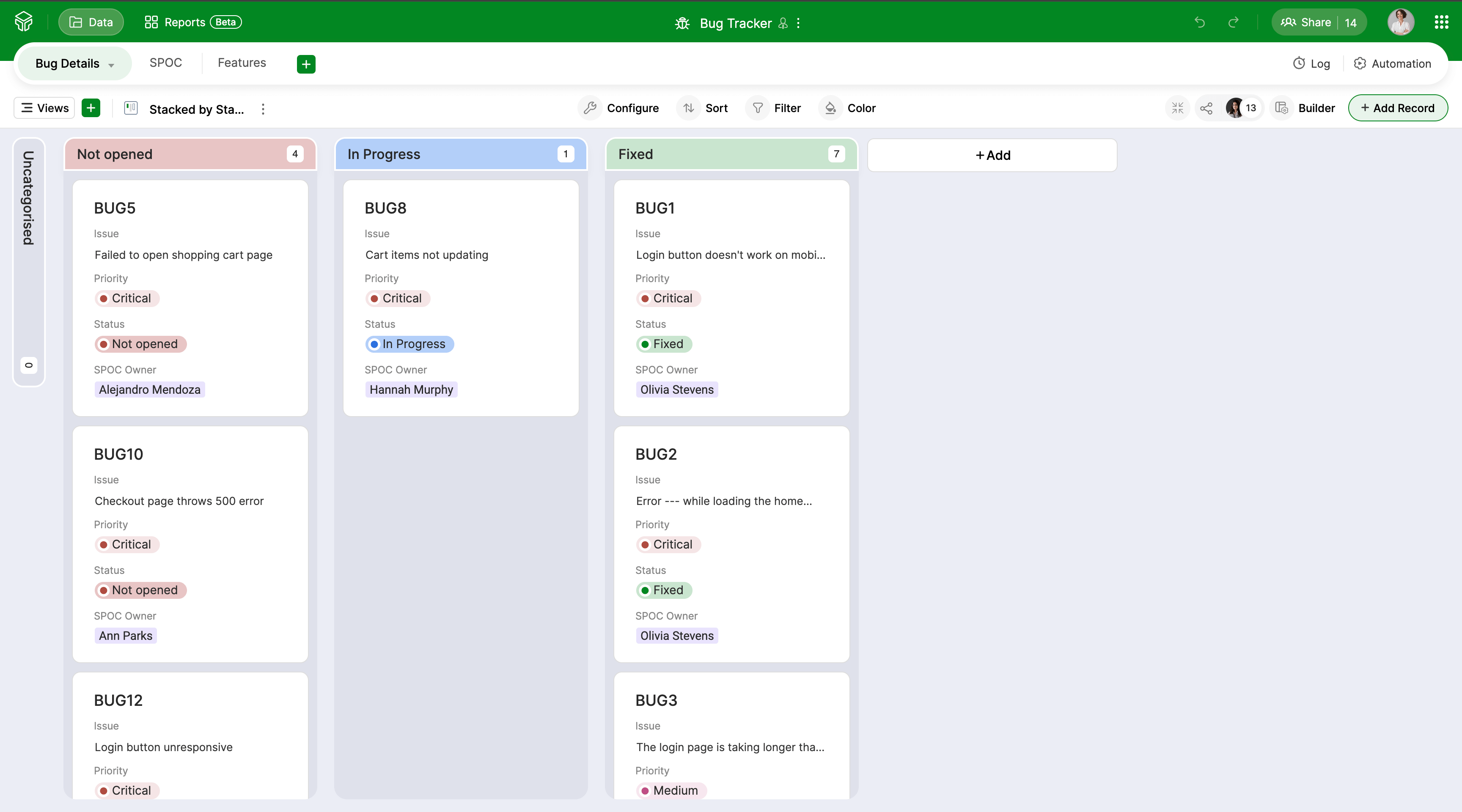 Zoho Tables Data View