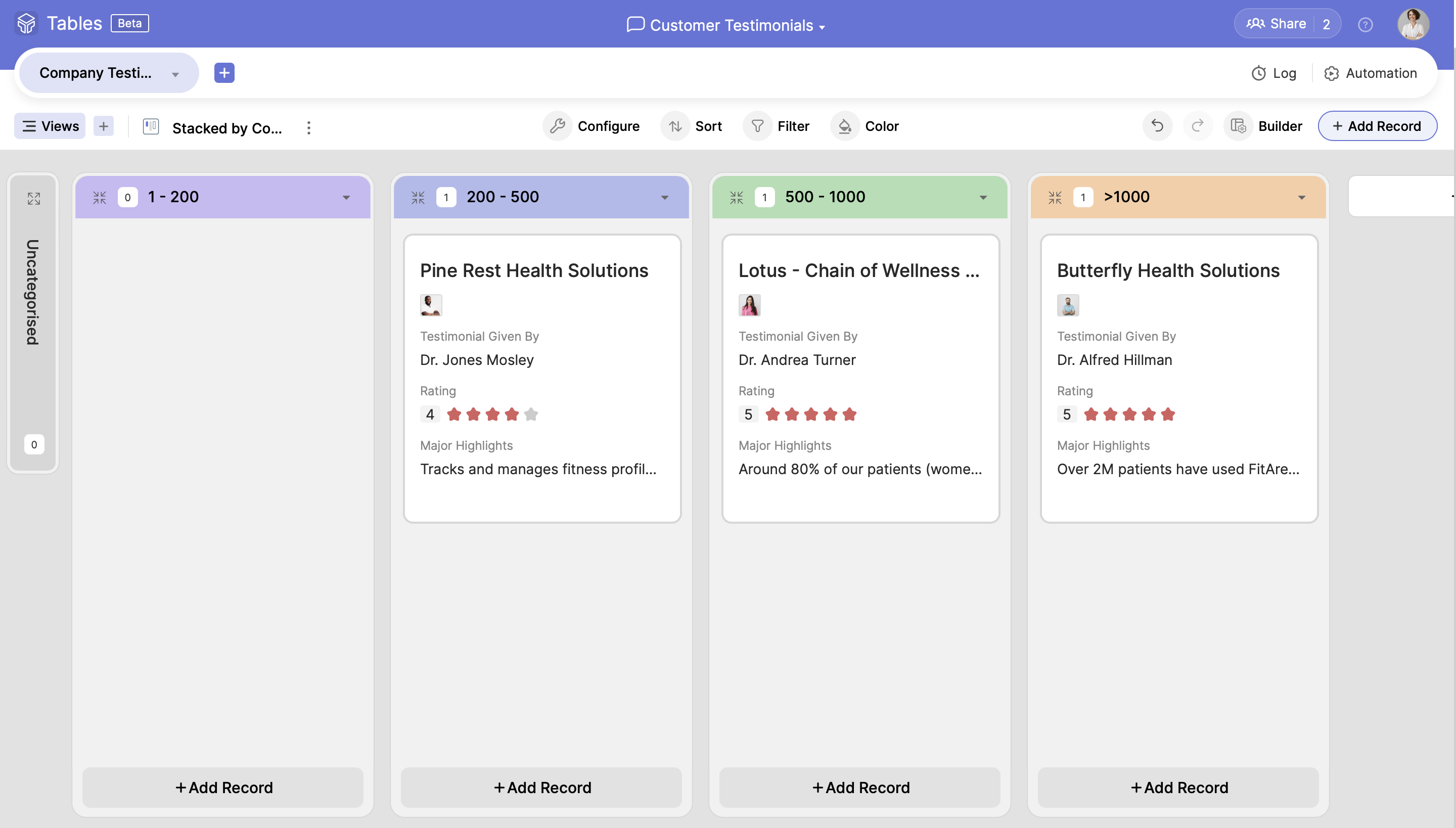 Zoho Tables Data View