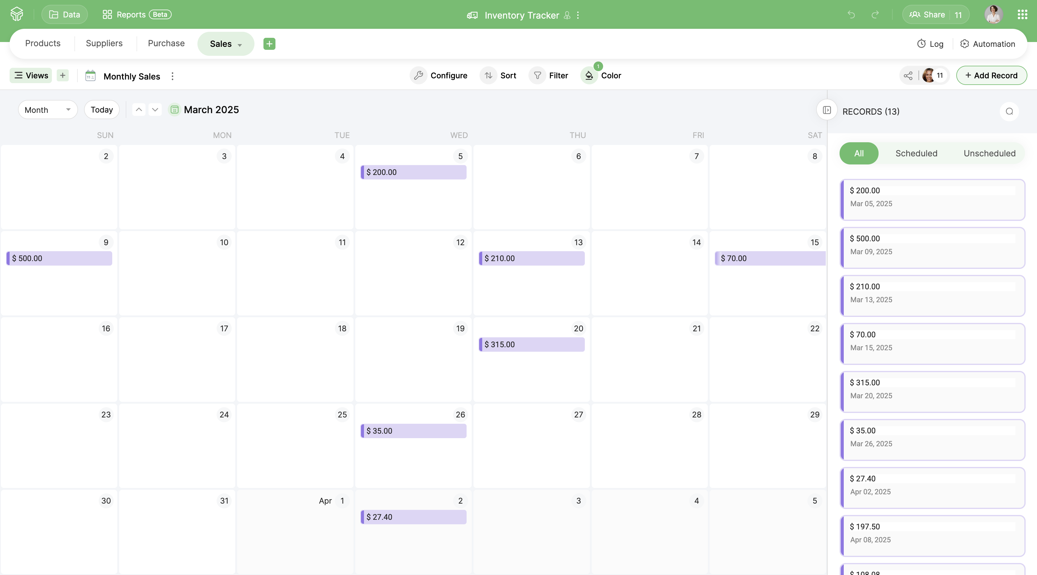 Zoho Tables Data View