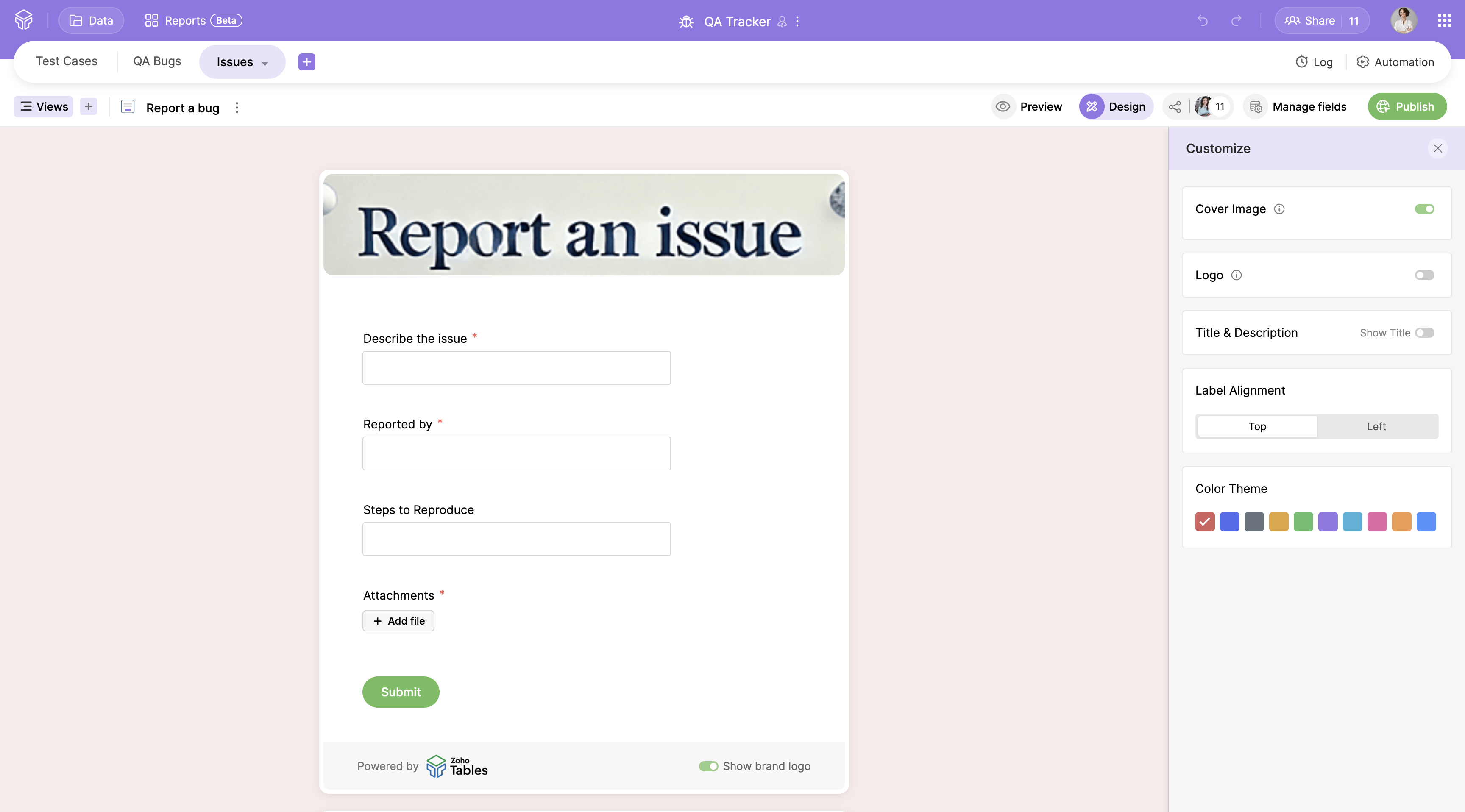 Zoho Tables Form View