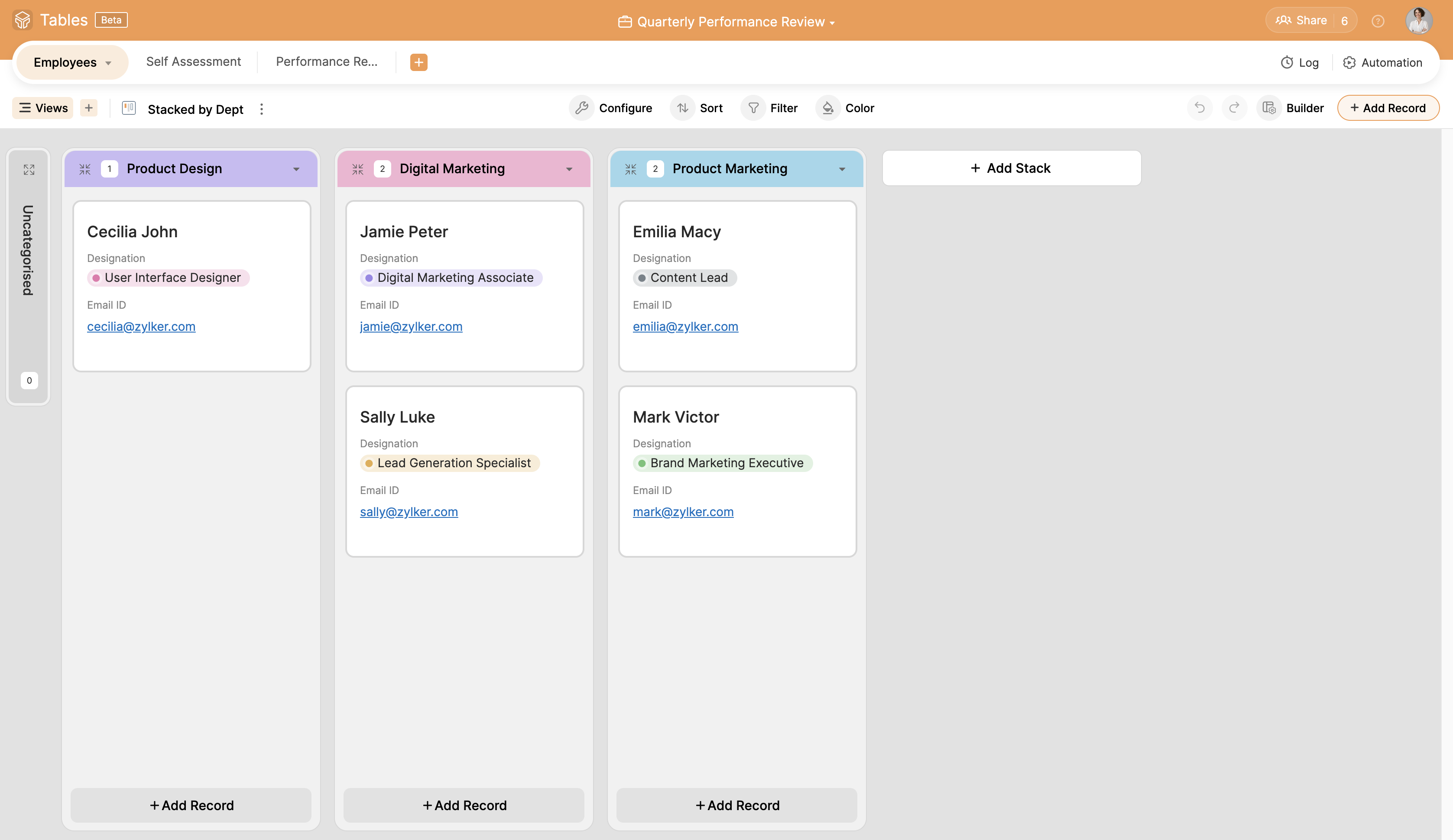 Zoho Tables Data View