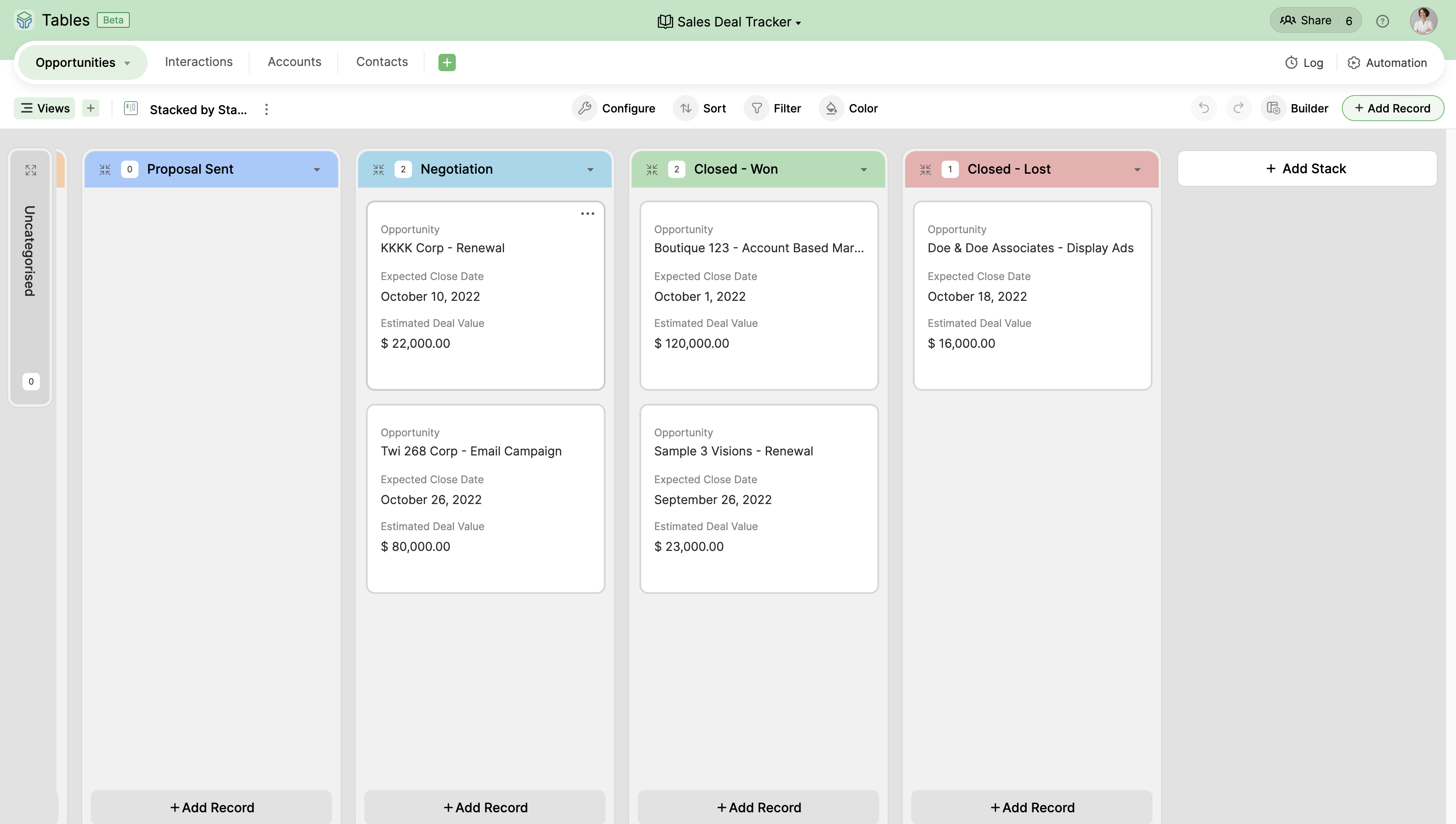 Zoho Tables Data View